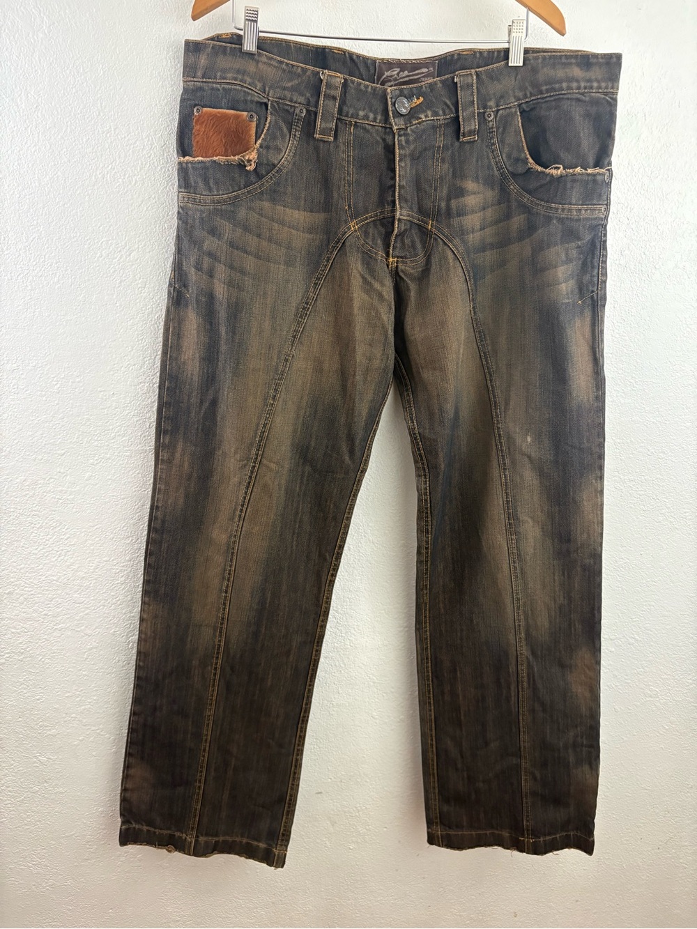 Free Jeans brown and black distressed wash contrasting stitching patterns 38